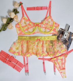 Ruffled Love Embroidered Mesh See-through Sexy Lingerie (Option: Fluorescent Orange-S)