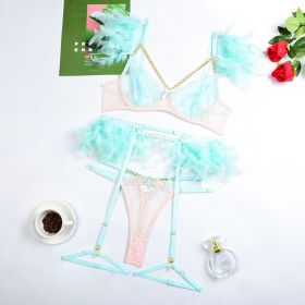 Lace Feather Eyelash Underwear Four Three-piece Set (Option: Blue Pink-S)