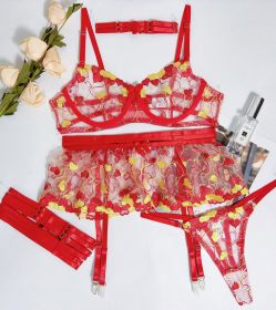 Ruffled Love Embroidered Mesh See-through Sexy Lingerie (Option: Red-S)