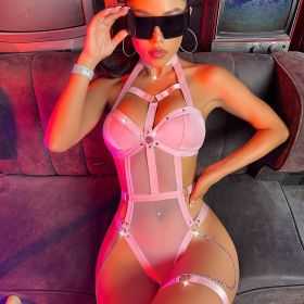 Black Mesh Metal Chain With Shaping Jumpsuit (Option: Pink-M)
