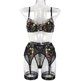 Three-piece Summer New Embroidered Flower Vine Fashion Underwear Set (Option: Black-S)