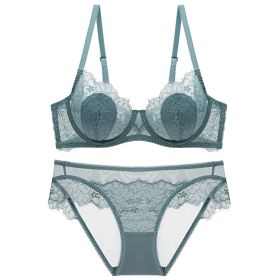 Lace Thin Transparent Bra Women's Underwear Plus Size Suit (Option: Gray Blue-85D)