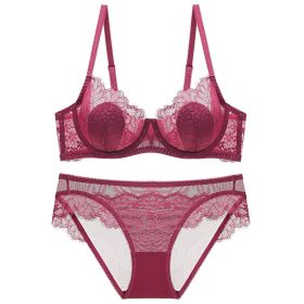 Lace Thin Transparent Bra Women's Underwear Plus Size Suit (Option: Wine Red-85B)