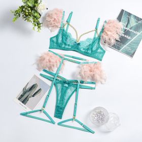 Lace Feather Eyelash Underwear Four Three-piece Set (Option: Pink And Green-L)