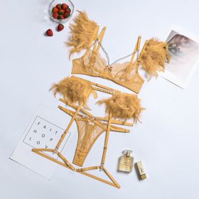 Lace Feather Eyelash Underwear Four Three-piece Set (Option: Khaki-L)